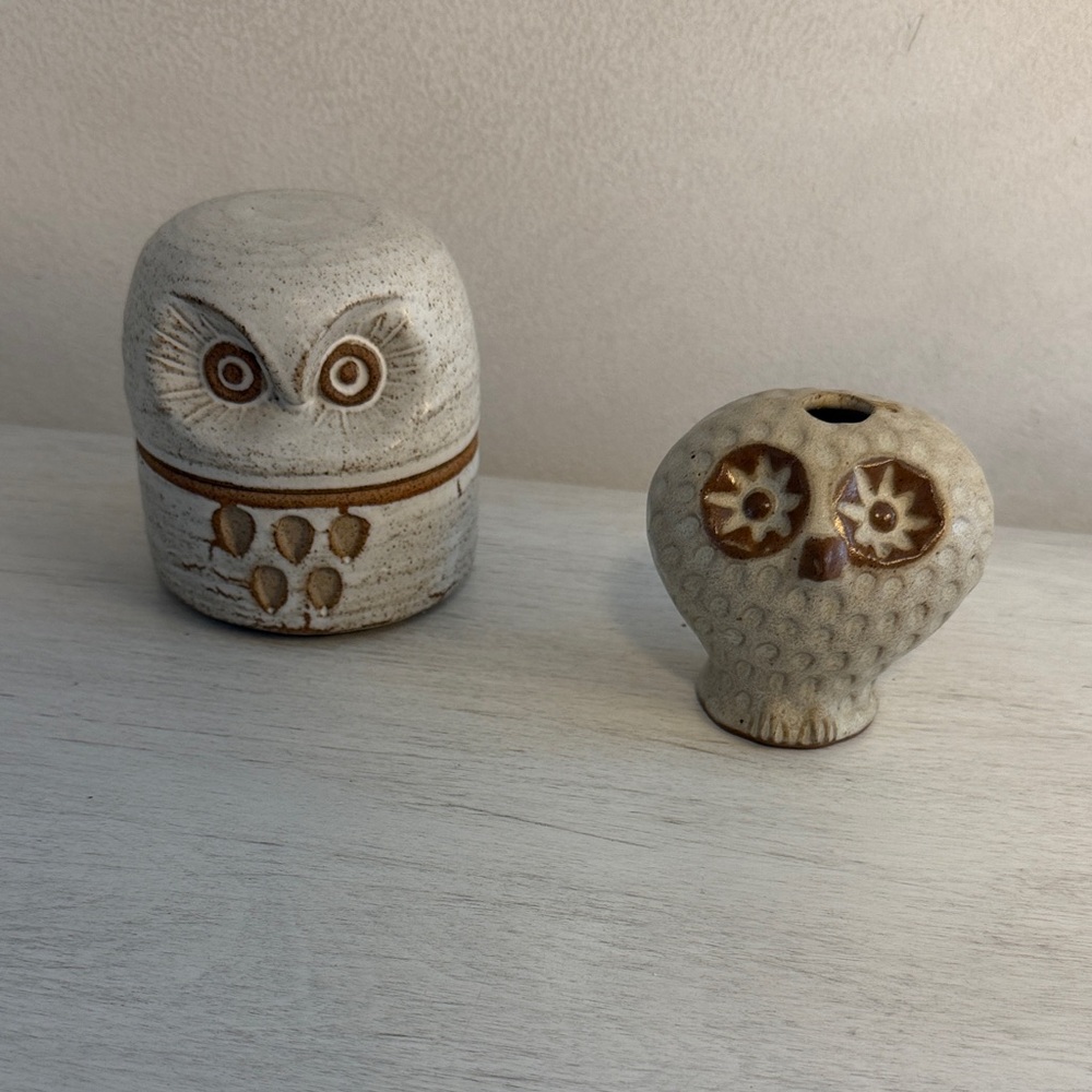 Perfect Vintage MCM 4”Ceramic Owl Box and 3.5” bud vase set - EUC